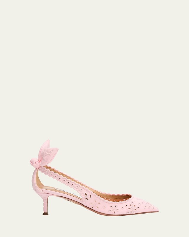 Cotton Eyelet Bow Tie Kitten Pumps